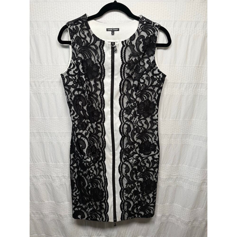 Samuel Dong Black Lace Lined Front Zip Cocktail Dress, Size Small